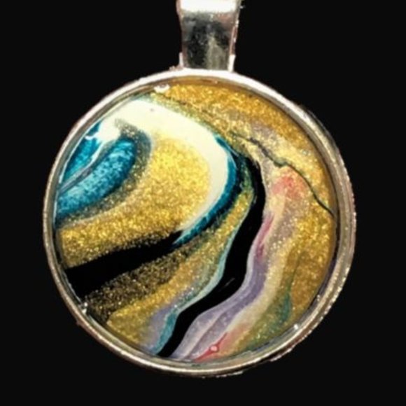 Handmade Round Pendant and Earrings Set with Glass Covered White Pink Gold Fluid Acrylic Original Art